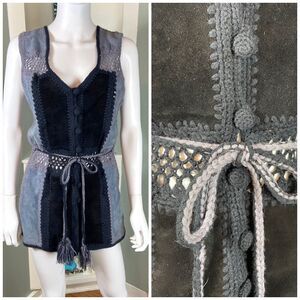 Vintage 70s Suede Leather Crochet M Patchwork Vest Gilet Rochelle California